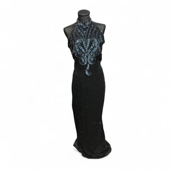 vintage formal beaded Escapades black beaded halter dress with sequins. - Picture 1 of 5